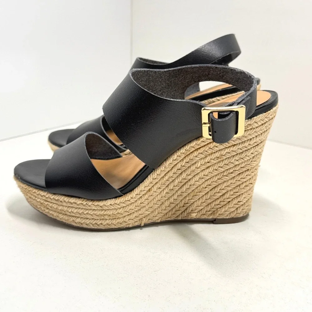 J. Crew Factory Black Espadrille Wedges Ankle Strap Platform Sandals 7M